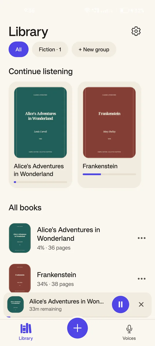 The Papervoice library, showing part-read books with their progress and a mini player at the bottom.