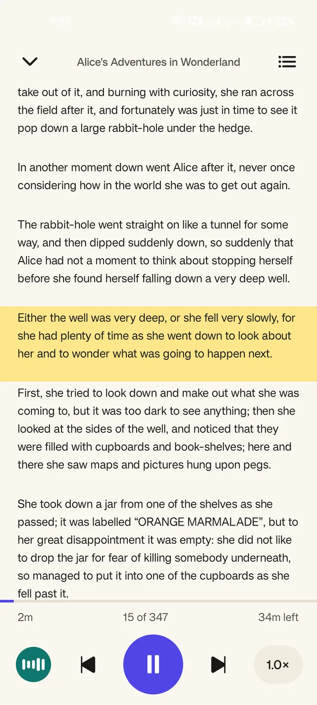 Papervoice reading a book aloud. The sentence being spoken is highlighted in yellow, with playback controls and the selected voice below it.