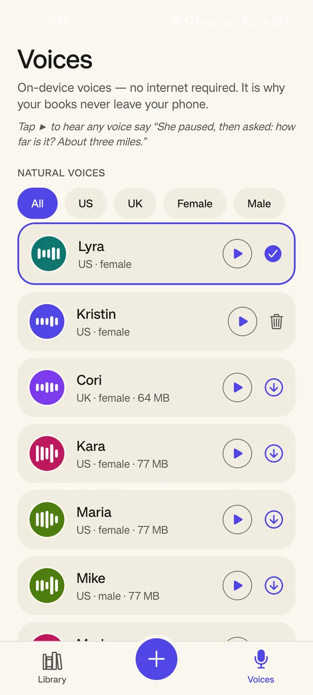 The Papervoice voice list, with Lyra selected and marked as already downloaded to the phone.